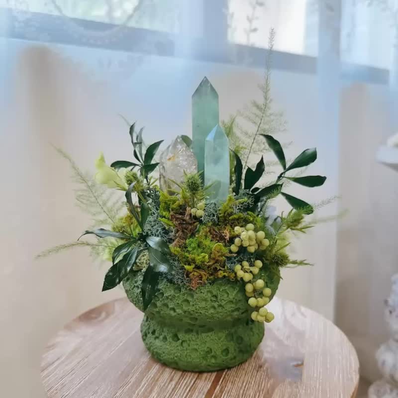 樹下光影。綠螢石 黃水晶 永生葉材綠植栽 - 盆栽/植栽 - 水晶 綠色