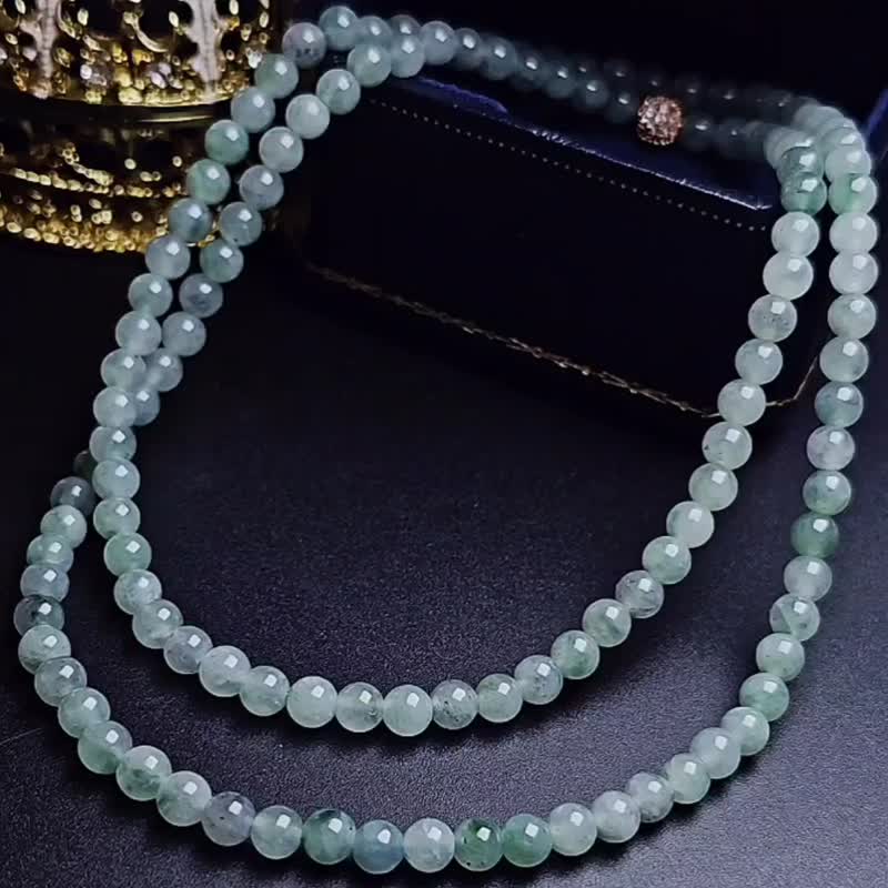 Wealth·Health·Villain retreat|Ice glue transparent rope green floating shower sprinkled with black chicken beads|Myanmar A-grade jade long string - Necklaces - Jade 