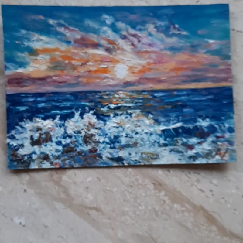 Sea sunset mini oil painting, azure coast original art, ocean handmade wall art - 牆貼/牆身裝飾 - 環保材質 多色