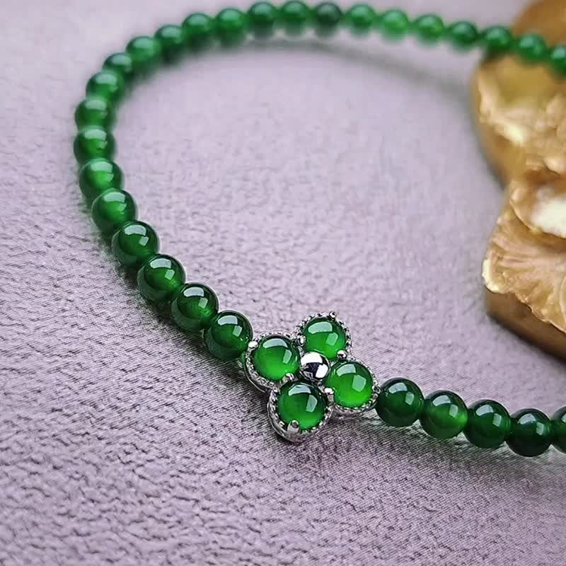 Wealth·Luck|Laokeng Green|A-grade jadeite ice glass green sterling silver four-leaf clover universal table green hand bead bracelet - สร้อยข้อมือ - หยก 