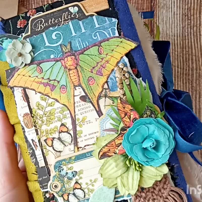 Butterfly junk journal handmade Nature tropical bags botanical notebook - 筆記本/手帳 - 紙 藍色