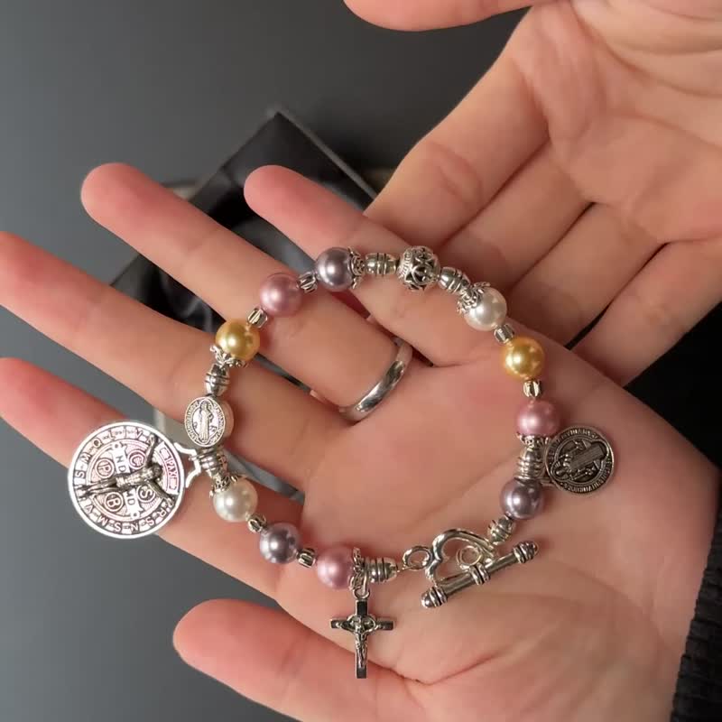 Customize Catholic Silver Bracelet Multi Color Swarovski Pearl St.Benedict Medal - สร้อยข้อมือ - คริสตัล หลากหลายสี