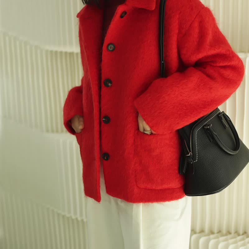 Orange mohair coat droop feel simple shoulder single breasted New year's coat. - เสื้อผู้หญิง - ขนแกะ สีส้ม
