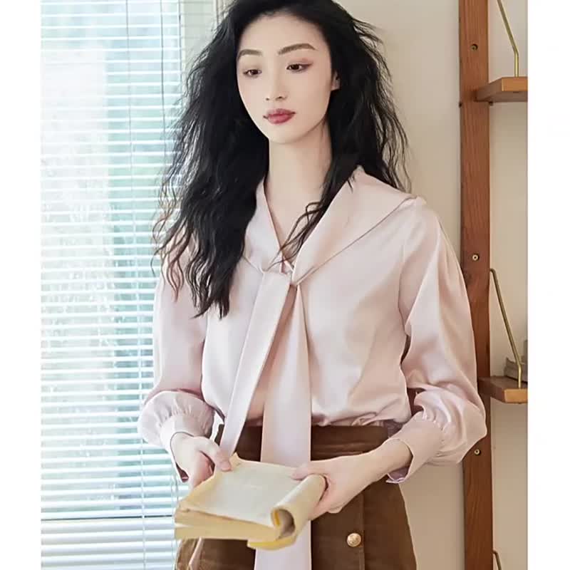 Autumn New French Elegant Ribbon Collar Glossy Shell Pink Satin Long Sleeve Shir - Women's Shirts - Other Materials Pink