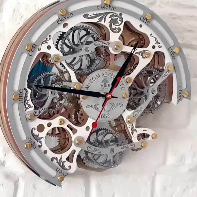 Automaton Bite 1682 Moving Gears Wall Clock Magic White Steampunk, Rustic Design - 時鐘/鬧鐘 - 木頭 白色