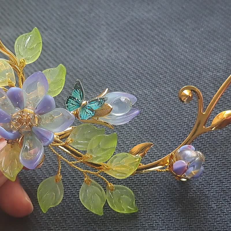 寶石琉璃花系列【夢幻草】~藤蔓花葉鴨嘴夾 - 髮夾/髮圈 - 玻璃 藍色