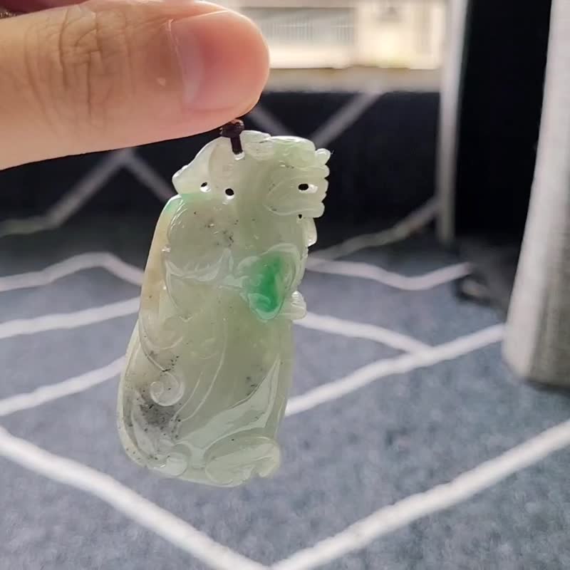 【親翠】天然翡翠 冰三彩抱如意帶毛流長尾貔貅項鍊 招財貔貅 - 項鍊 - 玉石 多色
