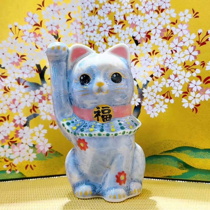【藤陽綻華】日本清水燒招財貓 | 花結晶 - 銀藤 億万 - 擺飾/家飾品 - 瓷 藍色
