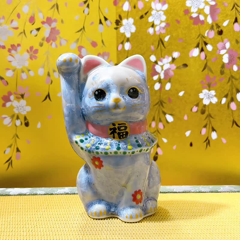 【藤陽綻華】日本清水燒招財貓 | 花結晶 - 銀藤 億万 - 擺飾/家飾品 - 瓷 藍色