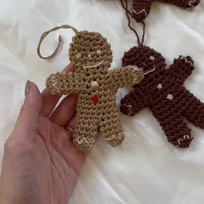 Handmade Xmas Christmas charm light smile gingerbread man cookie crochet - Charms - Cotton & Hemp Khaki
