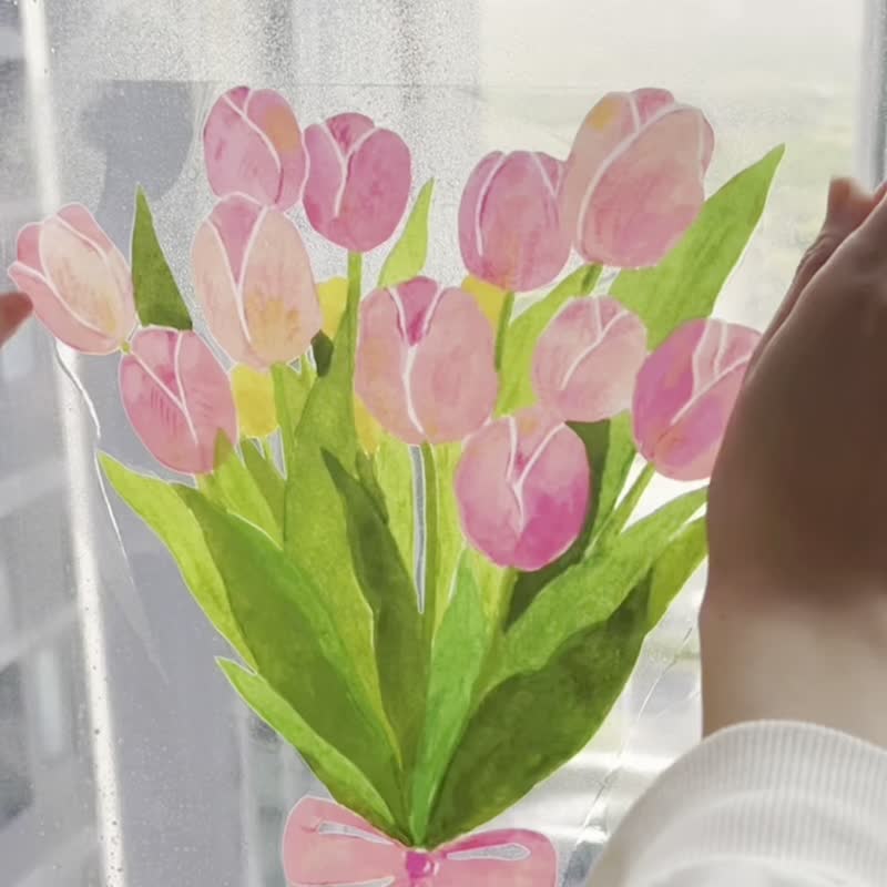 Illustration tulip glass static sticker bouquet wreath PVC window sticker window flower - ตกแต่งผนัง - พลาสติก หลากหลายสี