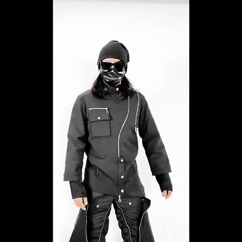 美式復古 原創小眾高街金屬拉鏈 機車修身高領夾克 - 男夾克/外套 - 其他材質 黑色