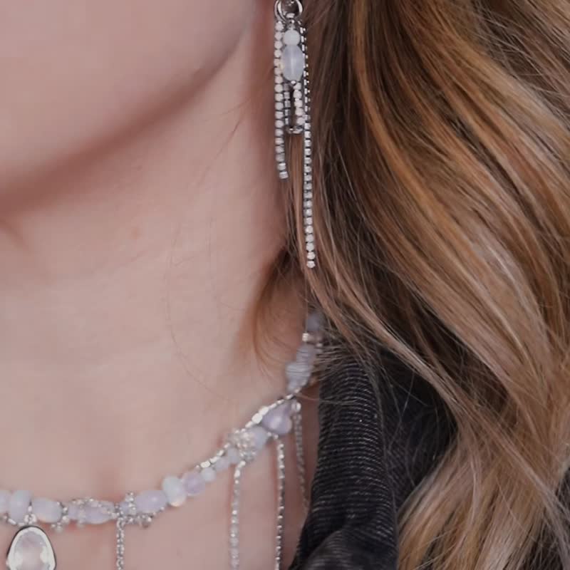 Moon stone necklace, Light blue beaded jewelry set, Chain chocker and earrings - สร้อยคอ - หิน สีน้ำเงิน