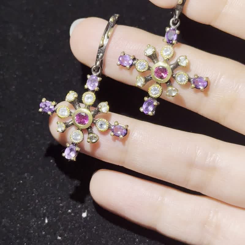 洛可可綺夢 玫紅碧璽 托帕石 紫水晶 耳環 - 耳環/耳夾/耳骨夾 - 半寶石 多色