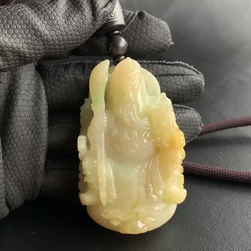 天然翡翠緬甸玉~蜜糖黃~黃翡關公/關聖帝君玉墬帶刀官印 附台證 - 項鍊 - 玉石 黃色