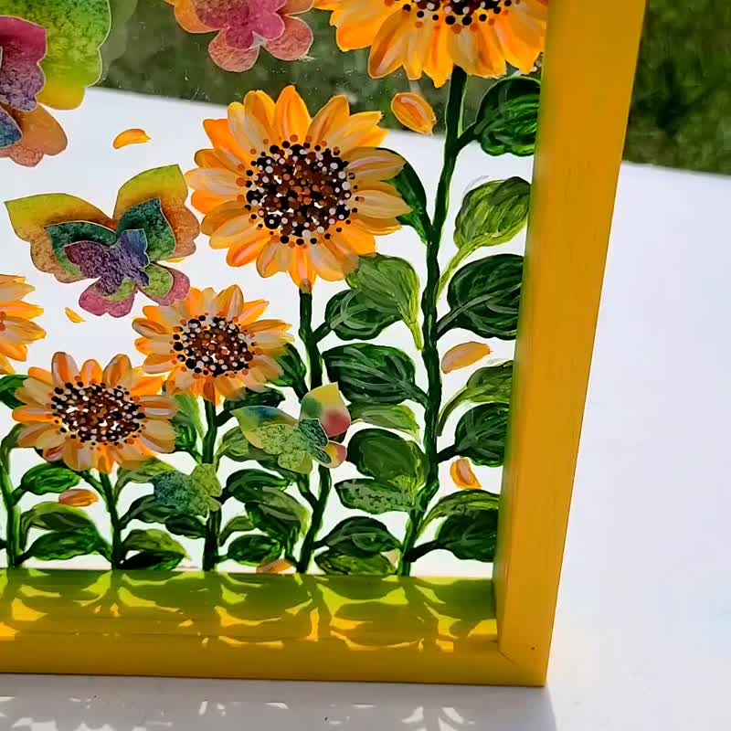 【受注生産/ひまわりと蝶々】　透明アート　影絵　インテリア　花　夏　オブジェ　絵画 - 海報/掛畫/掛布 - 壓克力 黃色