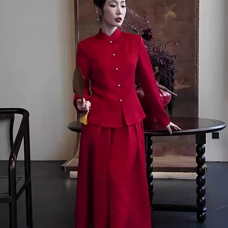 流芳 紅色兩件式套裝 訂婚改良唐裝 新中式國風 新娘婚禮晨袍禮服 - 旗袍/改良式旗袍 - 其他人造纖維 紅色