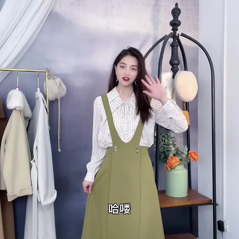 復古兩穿小眾設計輕法式a字溫柔綠背帶裙春夏洋裝 - 裙子/長裙 - 其他材質 綠色