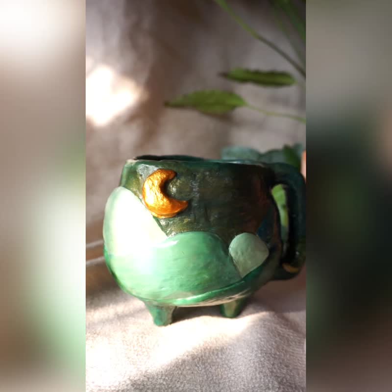 Jug Style Planter, 4 inches Desert Painting Clay Pot with Drainage Hole for Indo - Pottery & Ceramics - Pottery Green