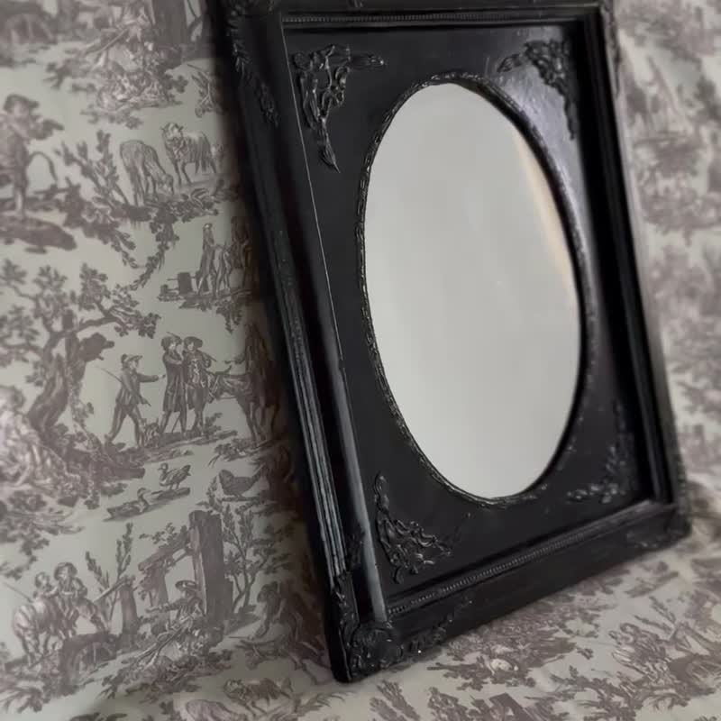 40670-Rare French antique black wooden frame oval mirror 46.5x36.5cm - Wall Décor - Wood 