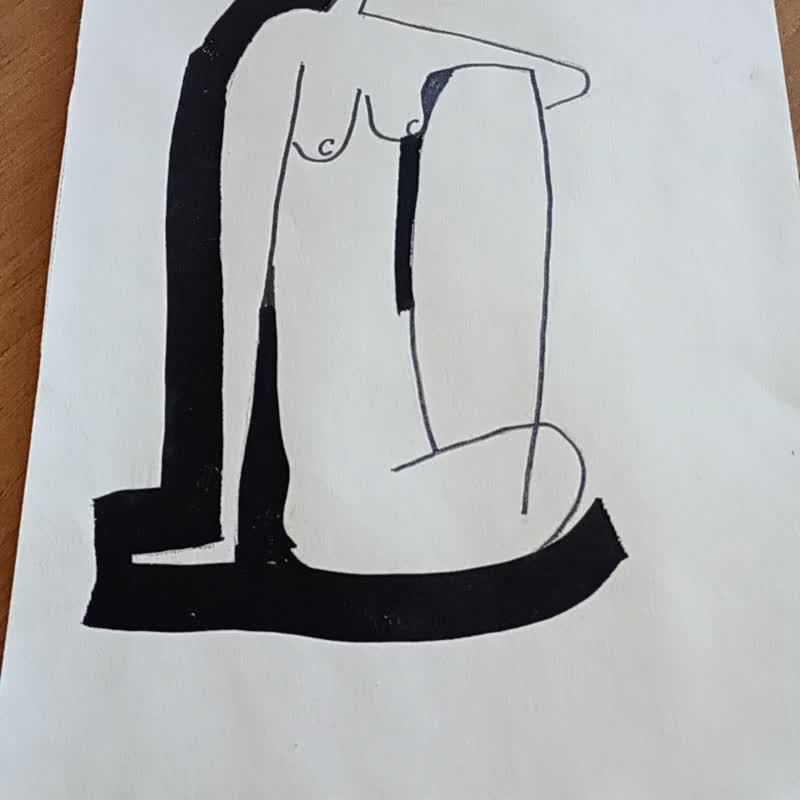 Sitting Nude Drawing | Black & White Cubist Art Print | Cubist chair image - 海報/掛畫 - 紙 白色