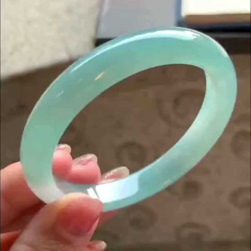 冰種 天然翡翠 緬甸 A玉 玉鐲 • 冰種藍水翡翠福鐲 - 手鍊/手環 - 玉石 藍色