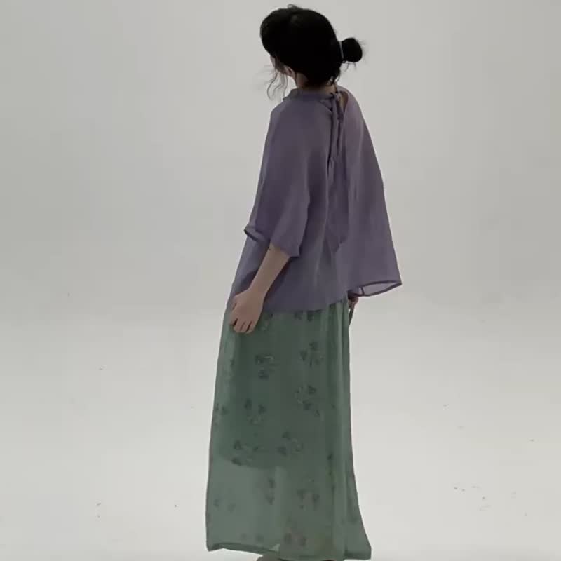 綠色 叢林野花輕紗半裙 夏日舒適文藝休閒百搭寬鬆百搭中長裙 - 裙子/長裙 - 棉．麻 綠色