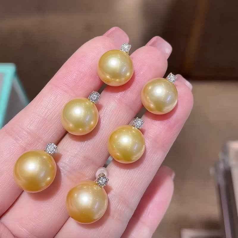 黛妃款南洋珍珠天然海水珍珠金珠耳釘18K金珠耳環珍珠項鍊 - 項鍊 - 珍珠 金色