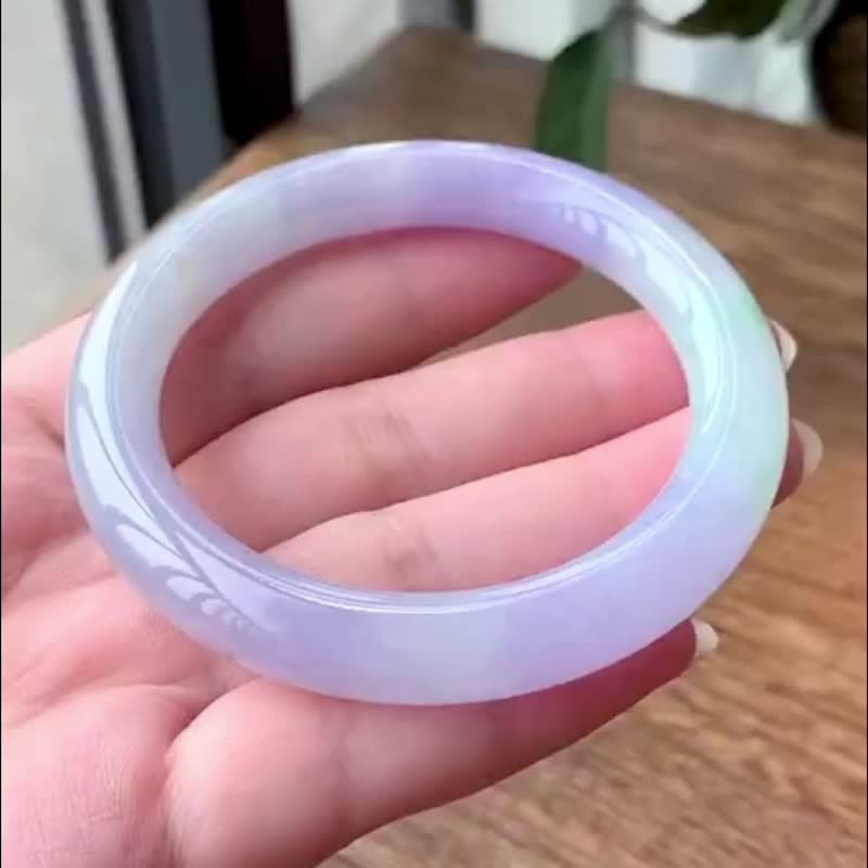 冰種玉鐲 天然翡翠玉鐲 A玉 手鐲 • 糯冰種春帶彩翡翠圓鐲 - 手鍊/手環 - 玉石 紫色