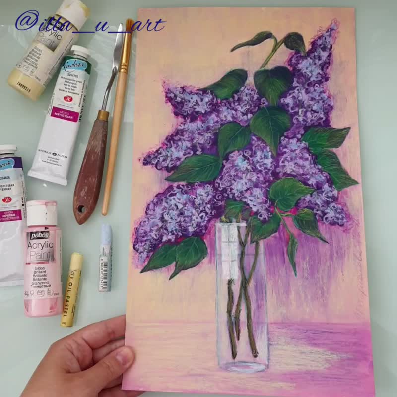 Lilac Painting Floral Original Art Still Life Wall Art Floral Acrylic Painting - 海報/掛畫/掛布 - 其他材質 多色
