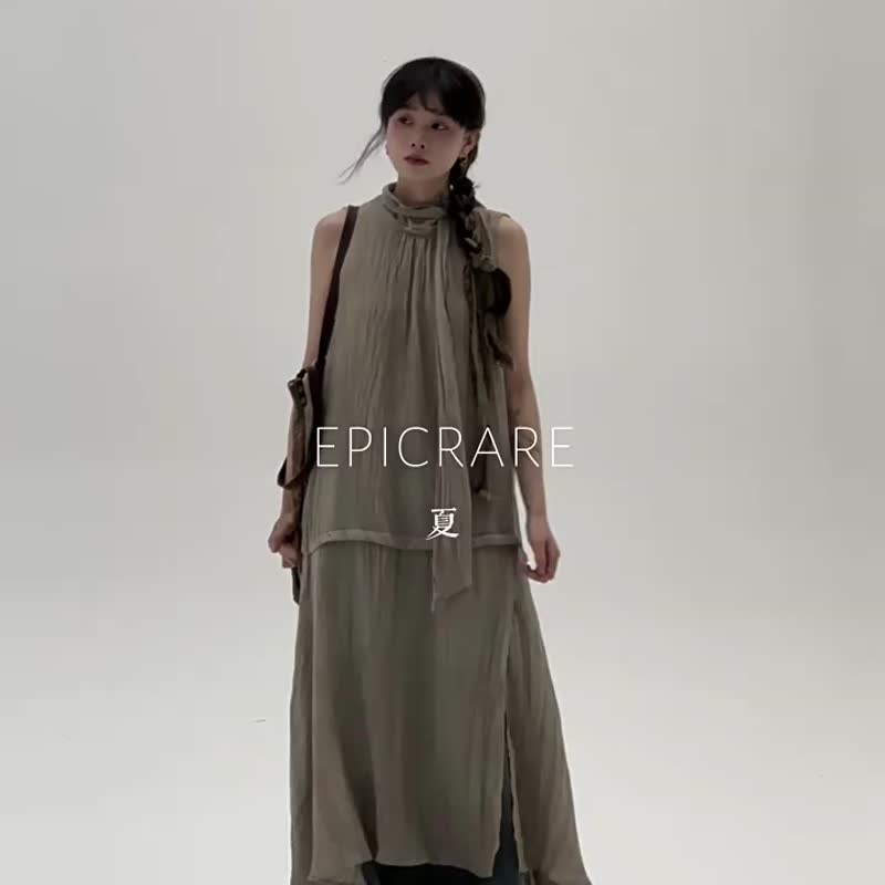 3顔色 苧麻飄帶洋裝 日系文藝復古休閒連身裙 禪意無袖長裙 - 洋裝/連身裙 - 棉．麻 綠色