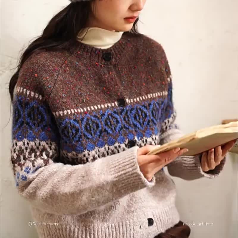 Brown Finnish Snow Day knitted sweater cardigan Nordic color literary retro geometric floral yarn - Women's Sweaters - Wool Brown