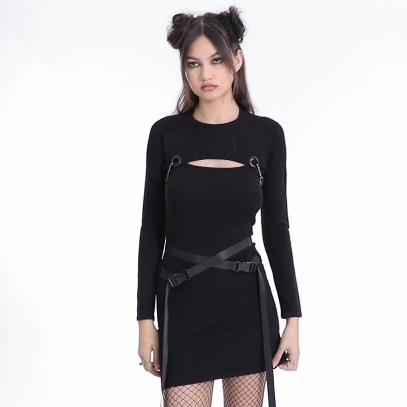 Punk psychokinetic killer technical woolen suit/slip dress+very short top+belt included - One Piece Dresses - Other Materials Black