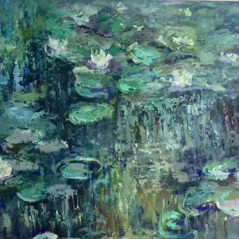 Waterlilies Pond Oil Painting – Monet Inspired Impressionist Art – Large 70×90 - 壁貼/牆壁裝飾 - 亞麻 藍色