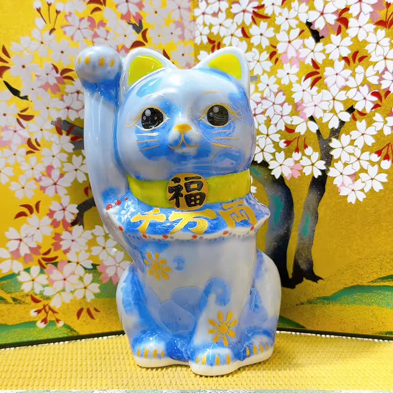 【福青綻彩】日本清水燒招財貓 | 花結晶青 - 千万両 - 擺飾/家飾品 - 瓷 藍色