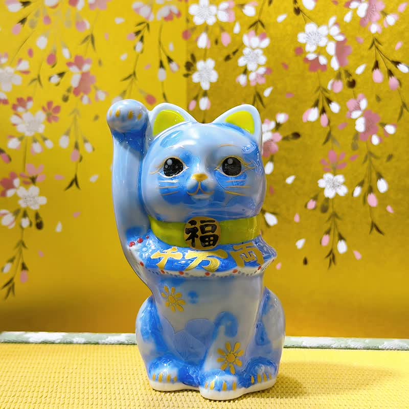 【福青綻彩】日本清水燒招財貓 | 花結晶青 - 千万両 - 擺飾/家飾品 - 瓷 藍色
