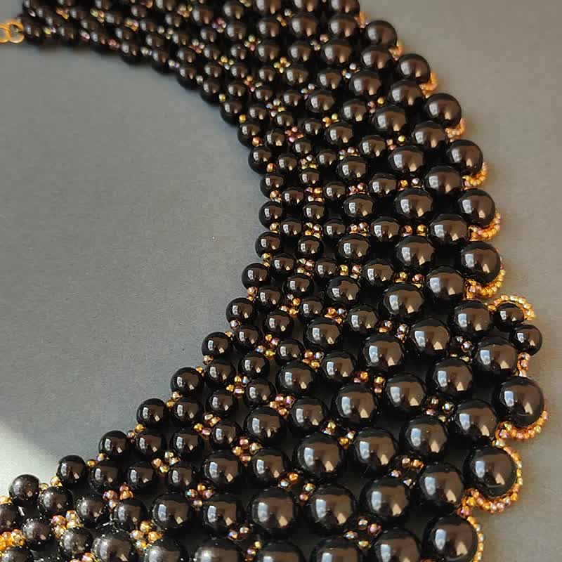 Black gold pearl beaded collar necklace handmade jewelry for women - สร้อยคอ - แก้ว สีดำ