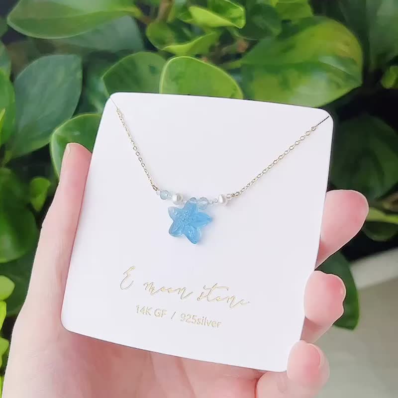 Prom Little Starfish Natural Aquamarine Necklace 14K - สร้อยคอ - คริสตัล สีน้ำเงิน