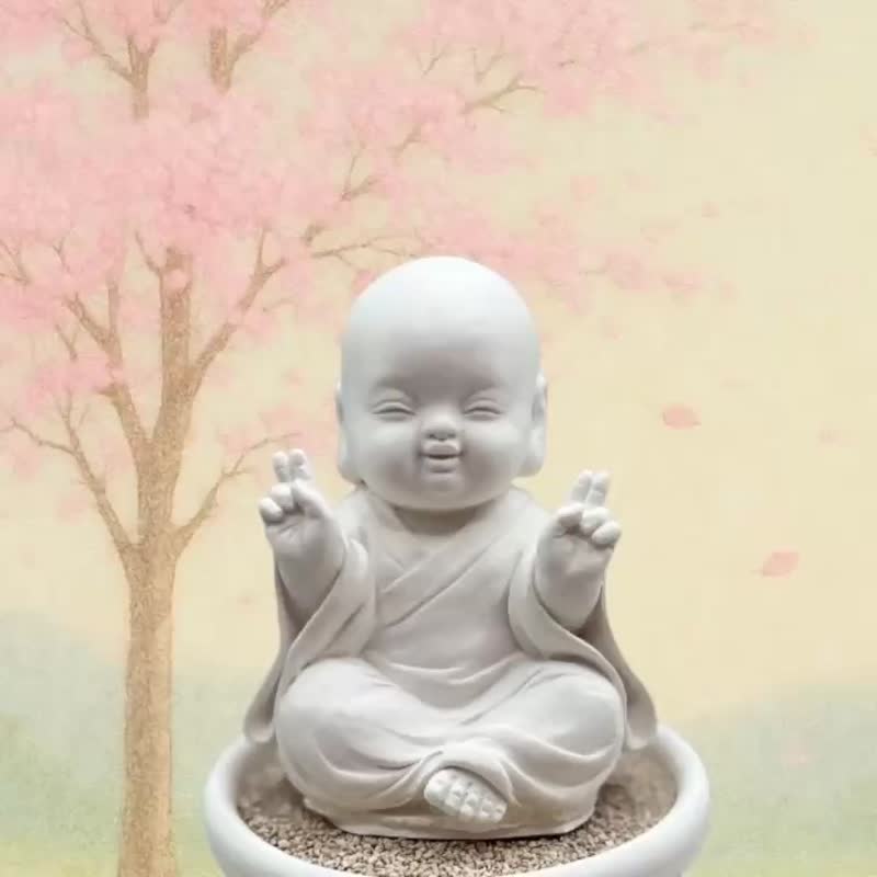 淨念吉祥小沙彌之一笑小盤套組 禪意香氛擴香盤 文青可愛療癒擺件 - 香氛/精油/擴香 - 水泥 白色