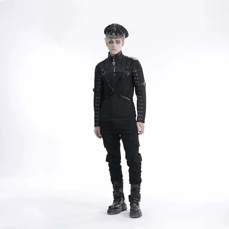 龐克角鬥士印花流蘇極短外套 / 超短版 / 可拆肩章 - 男夾克/外套 - 其他材質 黑色
