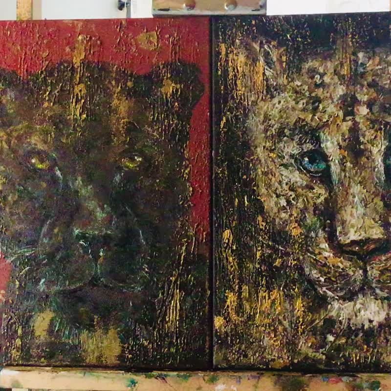 Pumas family dyptich,original acrylic painting on stretched canvas - ตกแต่งผนัง - วัสดุอื่นๆ สีแดง