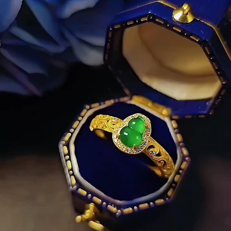 |有福有財|A貨翡翠冰玻綠葫蘆6.8mm純銀鍍18k老金鏤空款戒指 - 戒指 - 玉石 