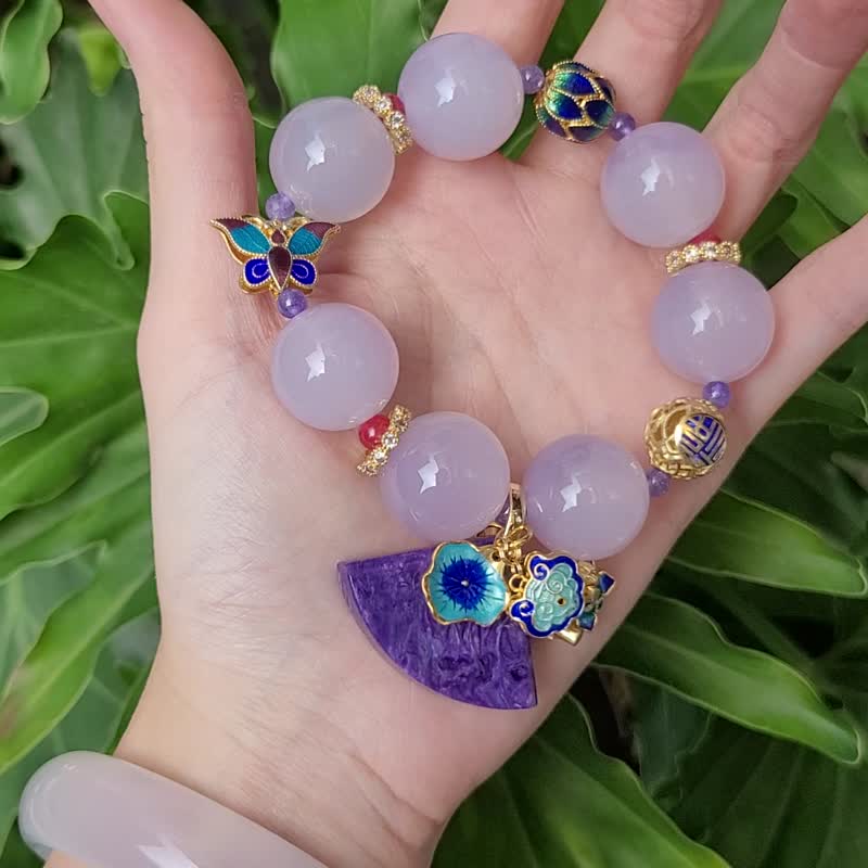 頂級白玉瓍 紫龍晶 丹泉 玫瑰 琺瑯 扇 善 大寶石手鍊 單品 禮物 - 手鍊/手環 - 寶石 紫色