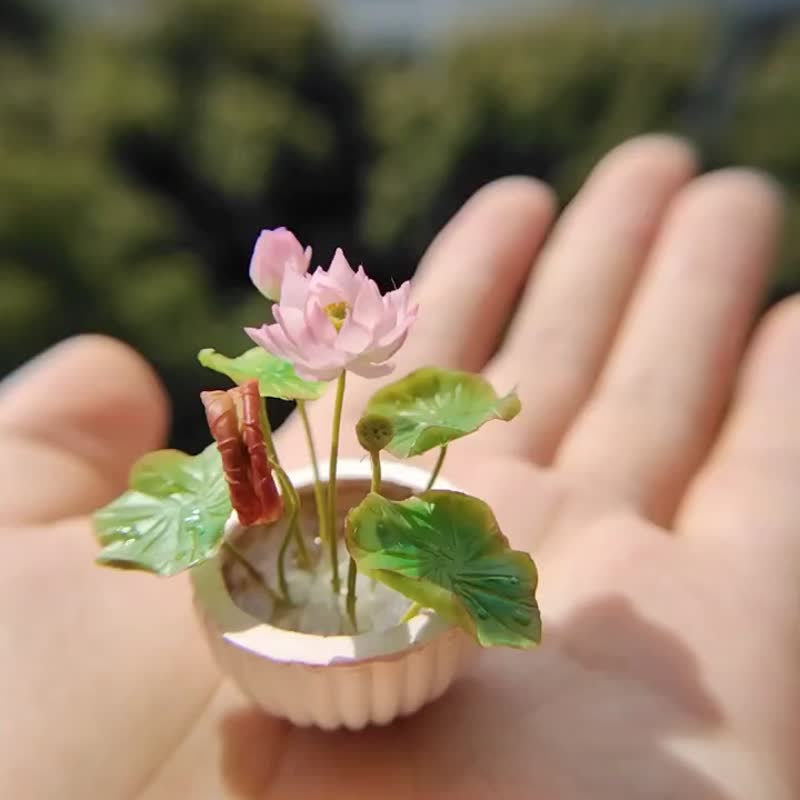 Miniature clay lotus potted plant - Items for Display - Clay Pink