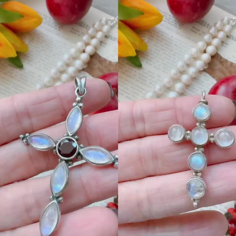 純銀十字架天然月光石藍光鏈墜 項鍊 吊墜 古董項鍊 六月誕生石 - 項鍊 - 半寶石 透明
