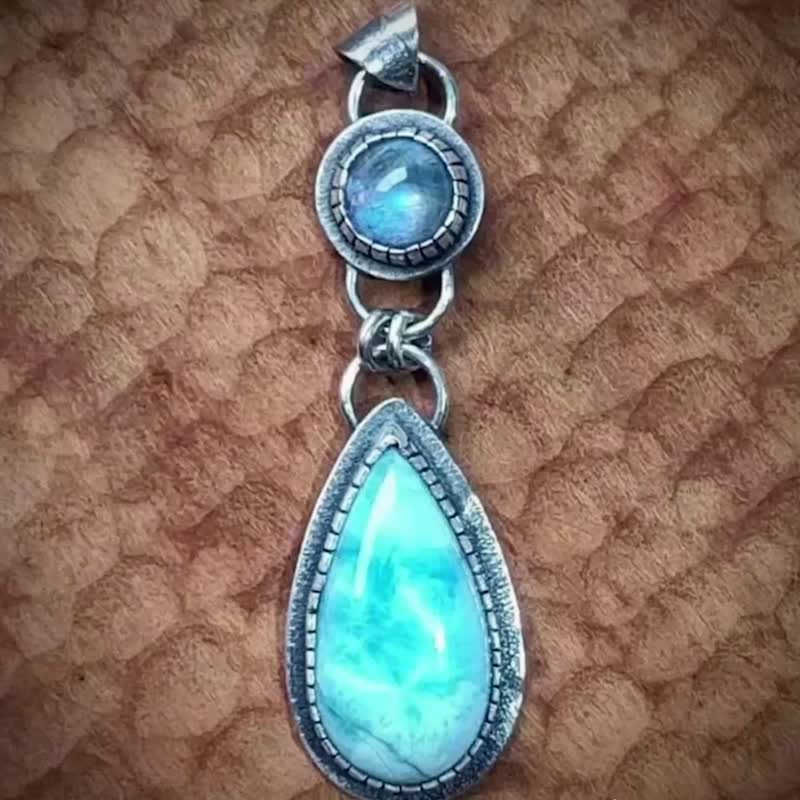 【Captain Flint手作銀飾】海靈初語 海紋石 + 月光石純銀吊墜 - 項鍊 - 寶石 藍色