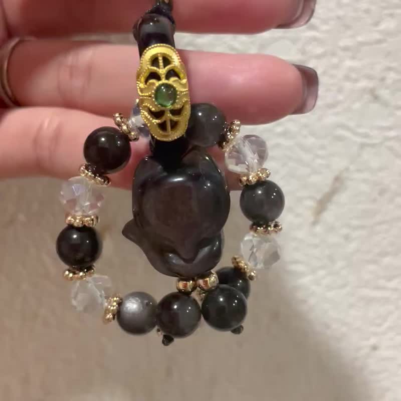 Ink Cloud Immortal Trace, Shadowy Star River [Silver Obsidian Fox Spirit Pendant] Moon Fox Spirit Blossom / One Item, One Shot - Keychains - Crystal Black