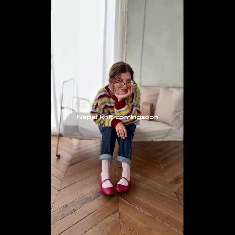 カラフルな装いのネパール編み子さんが紡ぐ、ネパールハンドボーダーニットカーディガン red - 女毛衣/針織衫 - 羊毛 紅色