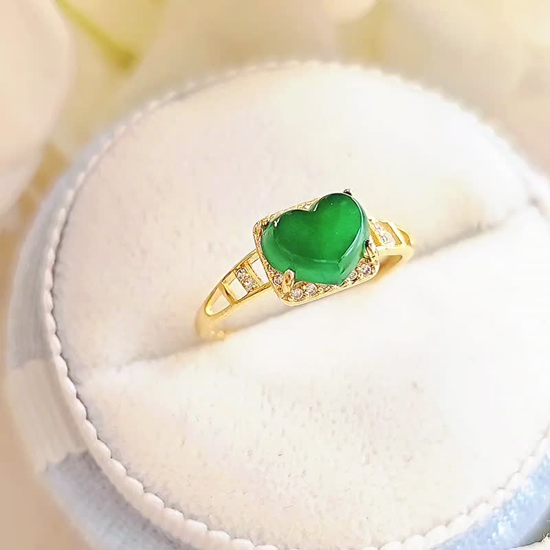 |Lucky Sweetheart|A-grade jade ice green love sterling silver plated 18k yellow ring - General Rings - Jade 