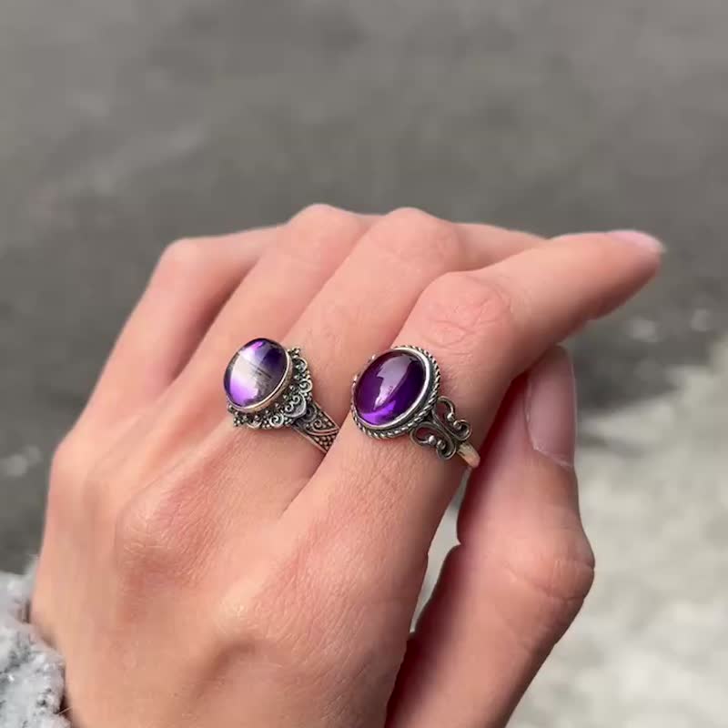 Silver Yao 925 Silver amethyst natural stone crystal living ring handmade silver jewelry ethnic style - General Rings - Crystal Purple